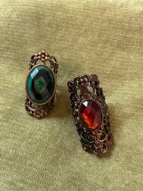 Vintage-Inspired Green and Russet Oval Filigree Cocktail Rings